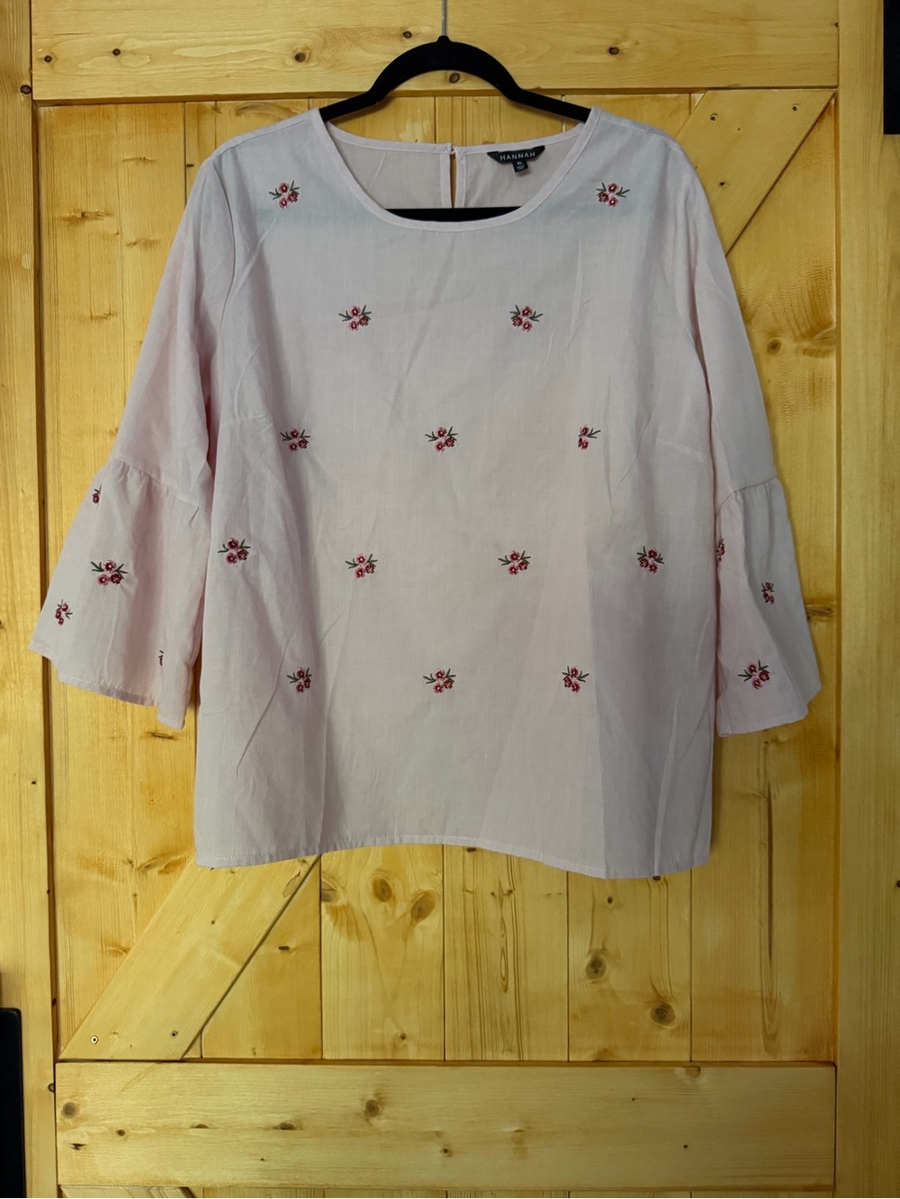 HANNAH Pale Pink Floral Embroidered Tiered Bell Sleeve Blouse Size XL